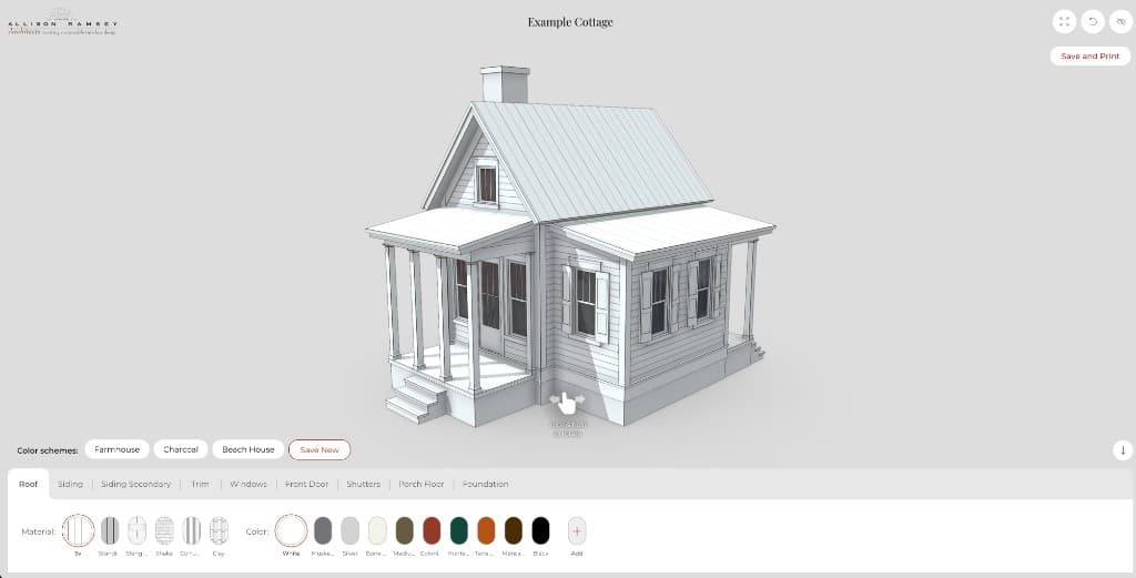 The Configurator interface: Example Cottage with roof, siding, trim, and color options