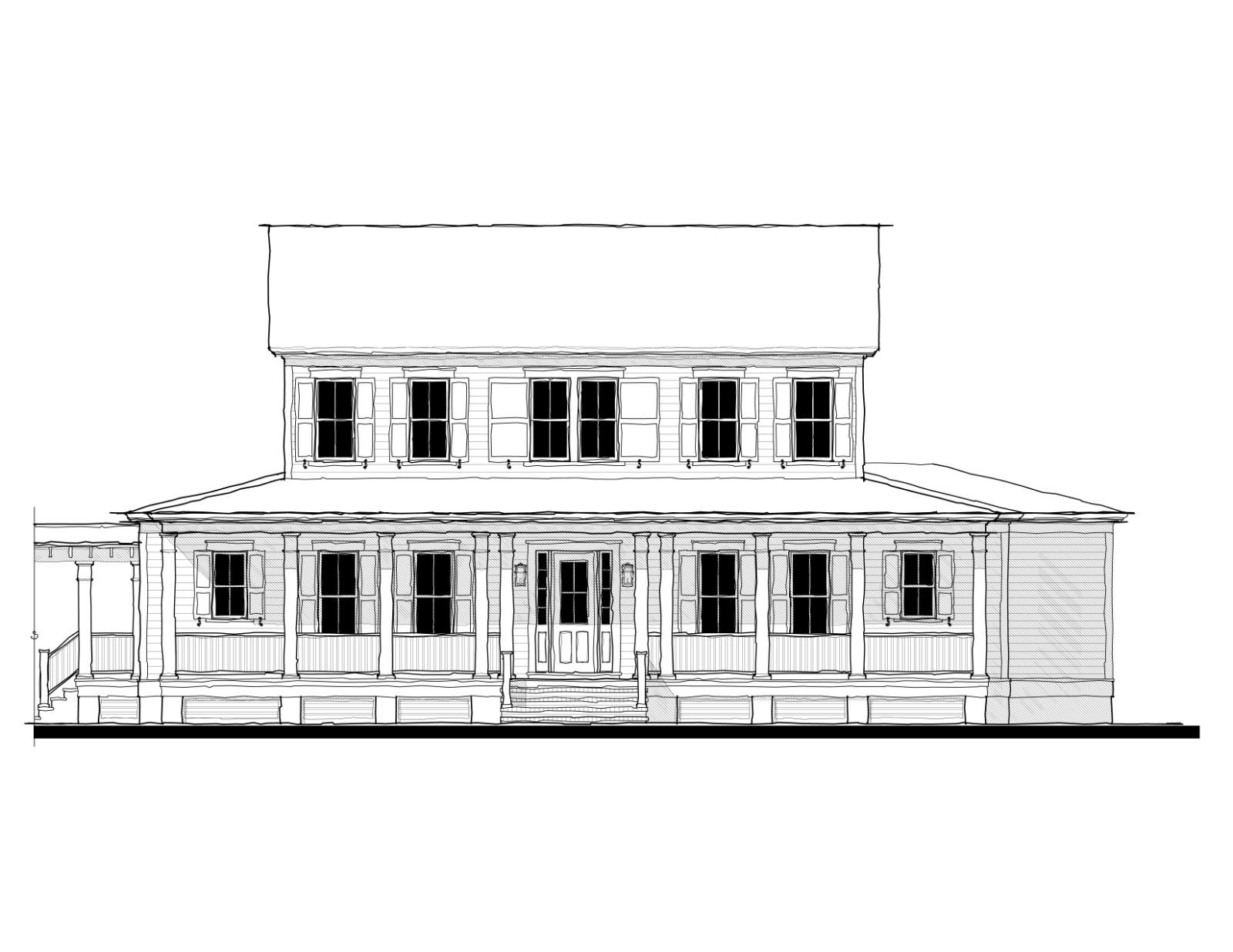 Black-and-white front elevation of The Palmetto house plan, Allison Ramsey Architects